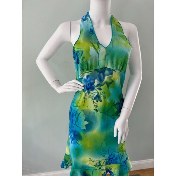 Vintage Y2k Green and Blue Hawaiian Tropical Floral Midi Halter Dress size XS - Picture 4 of 8